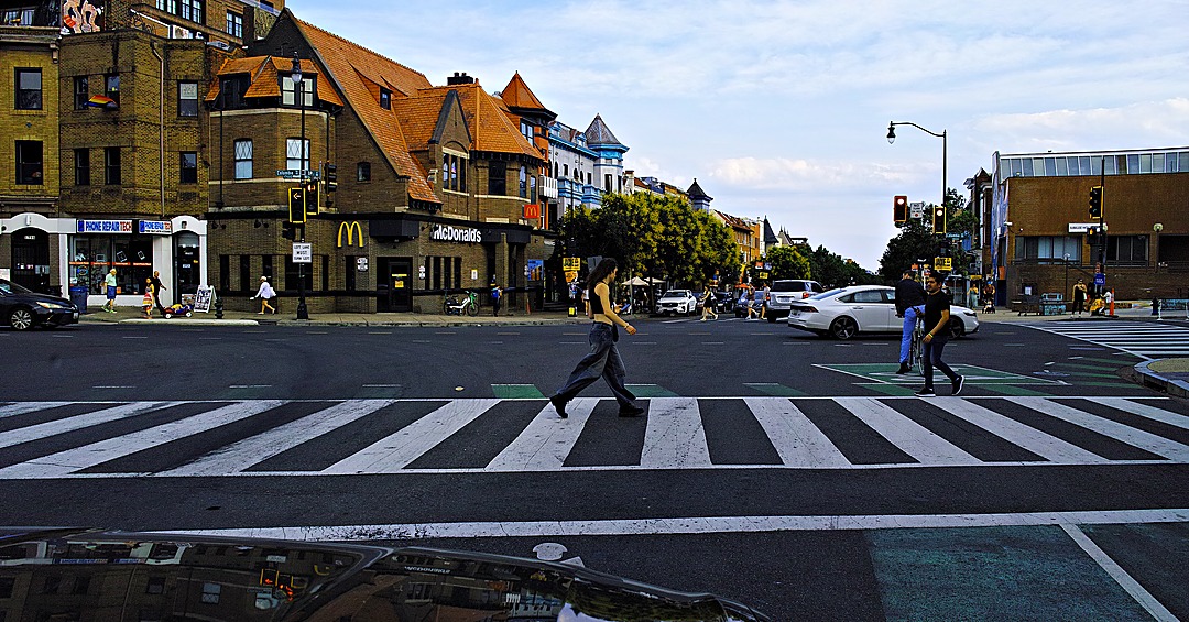 Pedestrian crossing at a Columbia Heights intersection
