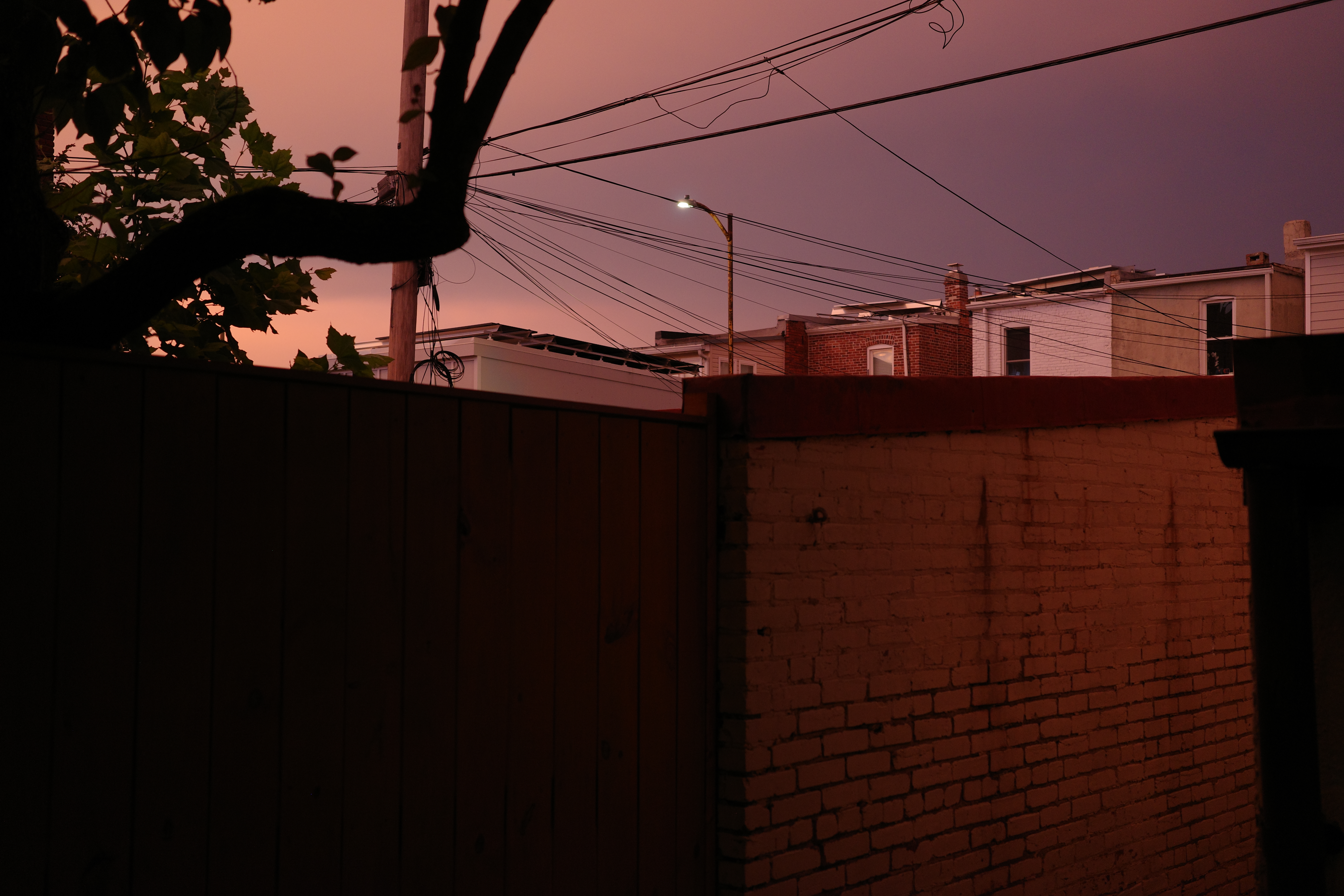 Rowhouses and power lines under a violet dusk sky in Washington DC