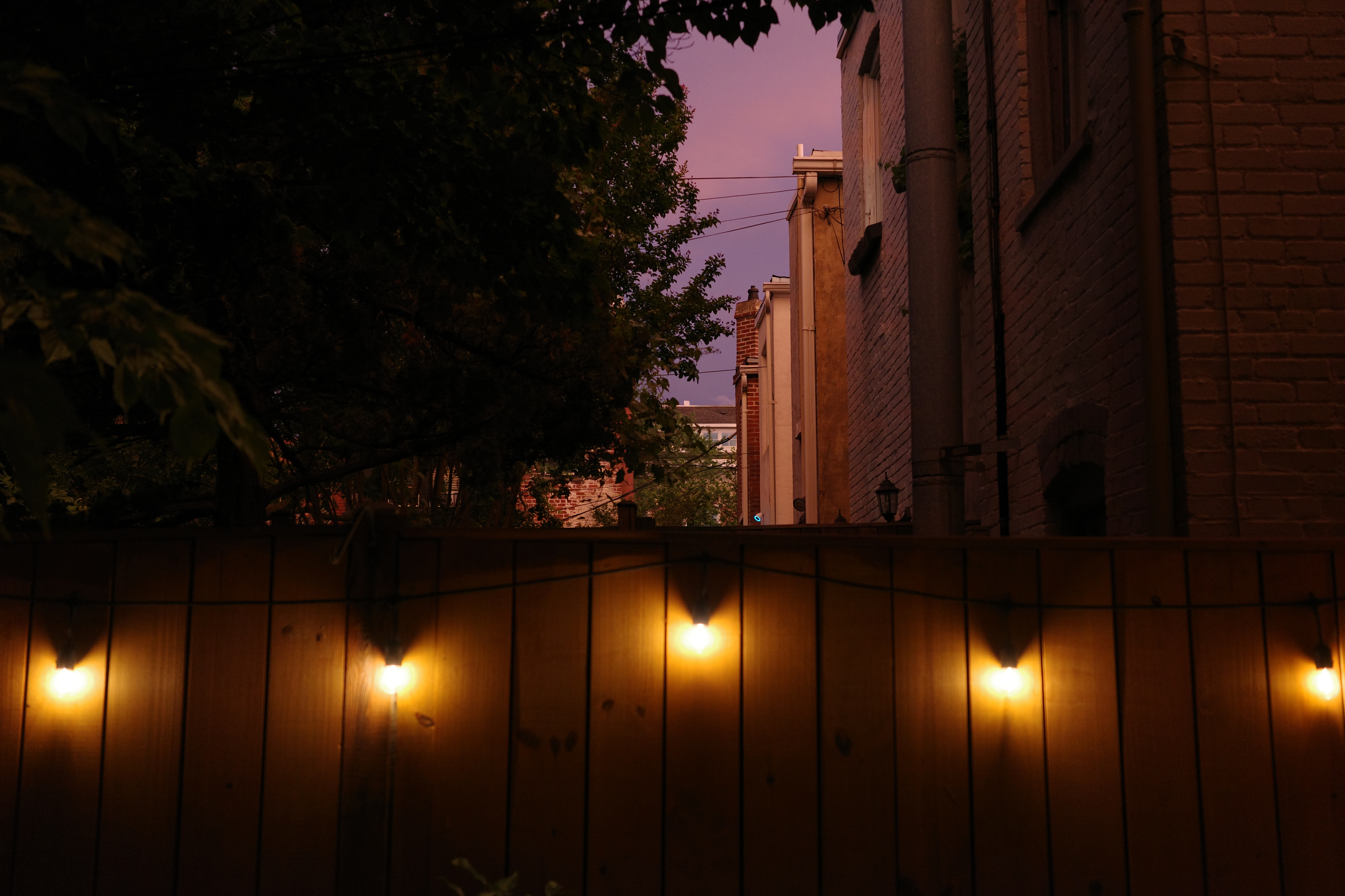 String lights on a fence against a violet dusk sky