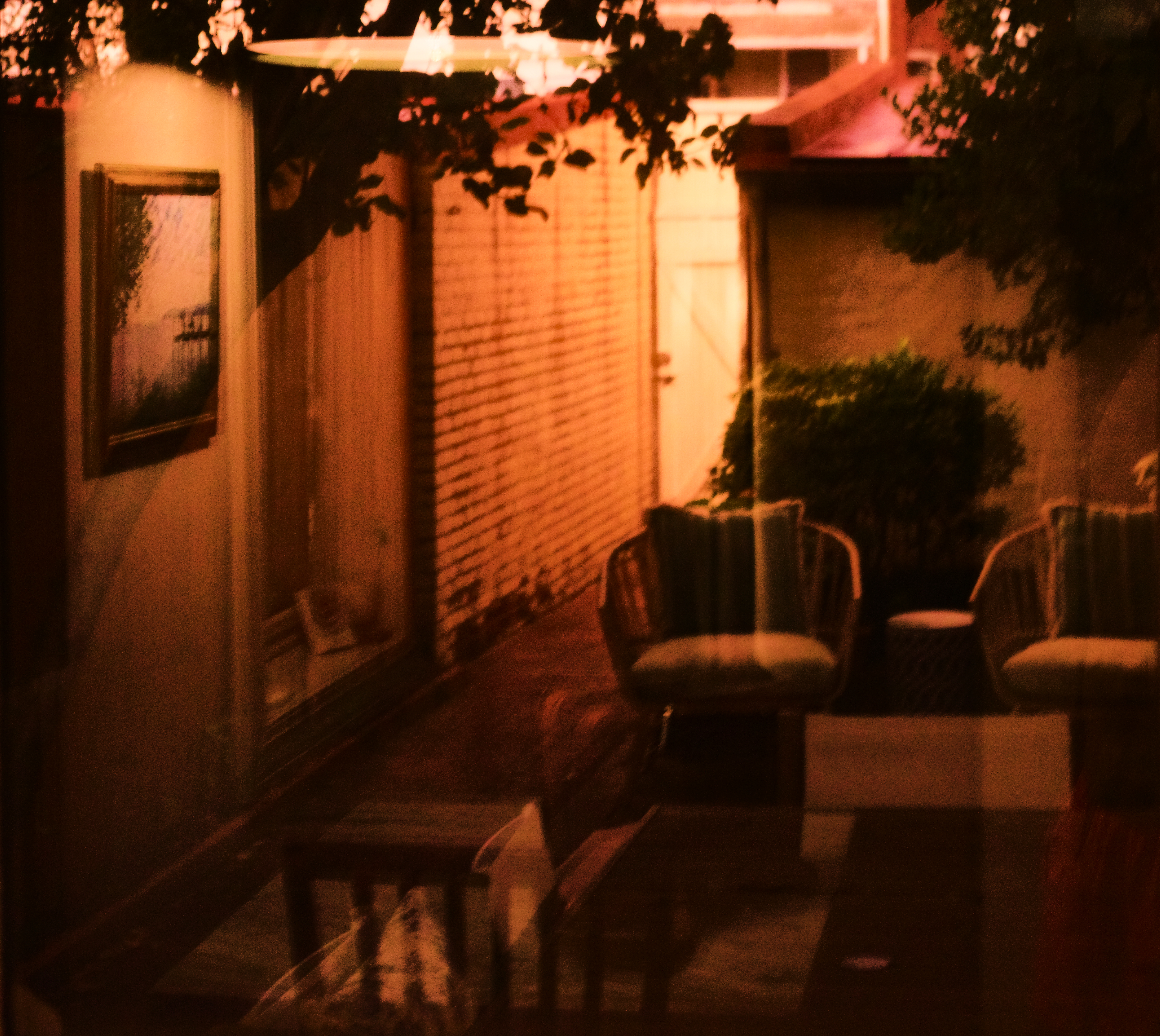 A courtyard at dusk seen through a reflective glass door